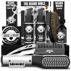 Kit para Barba Profissional Portátil com Cera e Pente, 10 Itens, GROW ALPHA BEARD, Preto