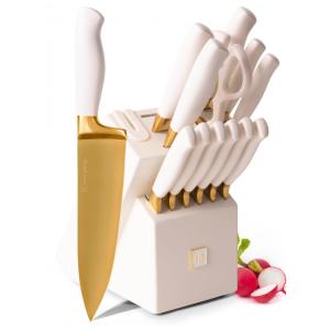 Conjunto de Facas Revestidas de Titânio com Bloco de Bancada e Afiador Embutido, 14 Peças, STYLED SETTINGS, Branco e Dourado