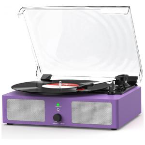 Toca-discos de Vinil com Alto-falantes Integrados Portátil Vintage Roxo - Suporte a Bluetooth, Entrada USB, Entrada AUX, Saída RCA