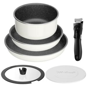 Jogo de Panelas e Frigideiras Antiaderentes, Material em Alumínio com 6 Peças e Cabo Removível, Motase TF-FP002, Branco