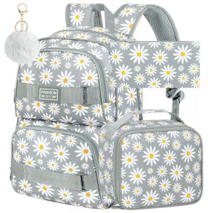 Mochila AGSDON 3 em 1 cinza com estampa de margaridas, para notebook 17", com lancheira e estojo