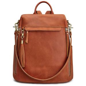 Mochila Feminina de Couro Vintage, S ZONE, Marrom Conhaque