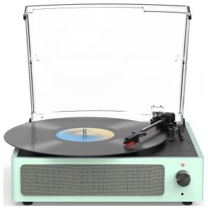 Toca-discos para vinil com alto-falantes Bluetooth e design vintage em Verde Claro - WOCKODER