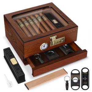 Umidor de Charutos de Cedro com Tampo de Vidro, Gaveta de Acessórios e Trava de Combinação - Presente de Luxo para Homens Amantes de