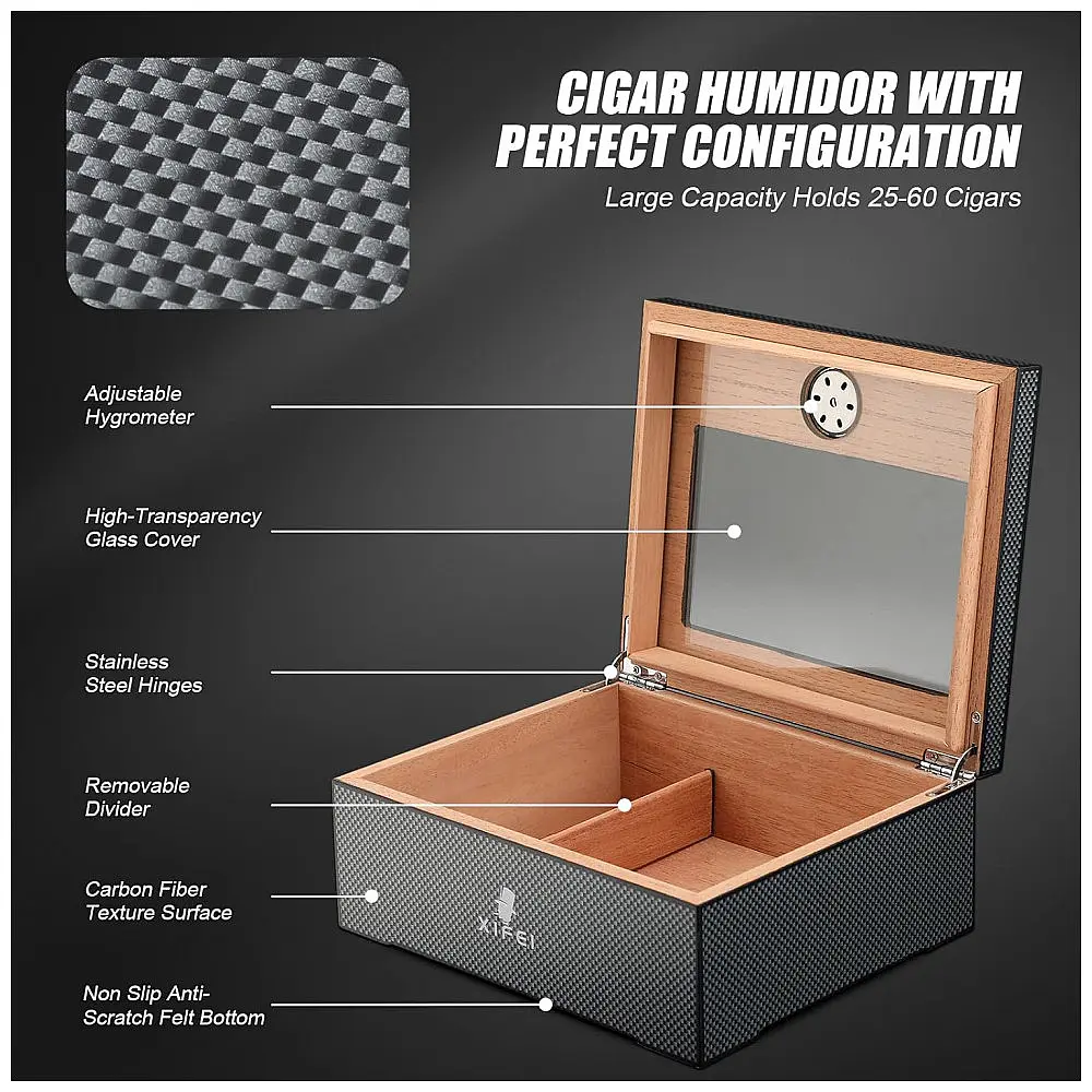 Umidor de Charutos XIFEI em Cedro Espanhol c/ Design Carbono, 25-60 Charutos, Vidro c/ Higrômetro, 120cm — foto 3