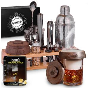 Kit Bartender Profissional 13 Peças em Aço Inoxidável com Suporte de Pinho e Defumador de Uísque, Homia, Preto Fosco
