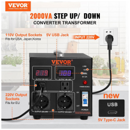 Transformador (Conversor) de Voltagem VEVOR 2000W Elevação/Redução 110V para 220V/220V para 110V 2 US 2 EU USB Type-C 2 LED CE FCC