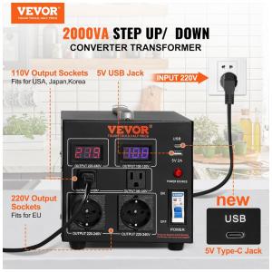 Transformador (Conversor) de Voltagem VEVOR 2000W Elevação/Redução 110V para 220V/220V para 110V 2 US 2 EU USB Type-C 2 LED CE FCC
