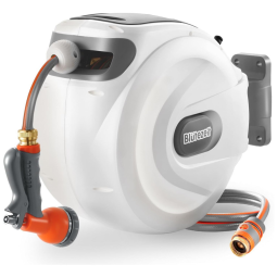 Mangueira de Jadim 30M com Enrolador Retrátil, Bico Pulverizador de 8 Funções, Trava de Qualquer Comprimento e Suporte giratório 180