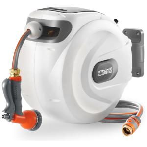 Mangueira de Jadim 30M com Enrolador Retrátil, Bico Pulverizador de 8 Funções, Trava de Qualquer Comprimento e Suporte giratório 180