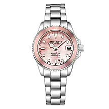 Relgio de mergulho Depthmaster 3950L 32 mm com mostrador rosa e pulseira de ao inoxidvel prateado, da Stuhrling.