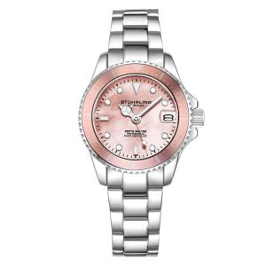 Relgio de mergulho Depthmaster 3950L 32 mm com mostrador rosa e pulseira de ao inoxidvel prateado, da Stuhrling.