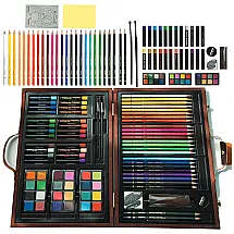 Kit Lápis de Cor Profissional com Maleta de Madeira 70 Peças e Tintas Acrílicas, Aquarela, Articause, Marrom