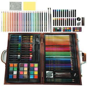 Kit Lápis de Cor Profissional com Maleta de Madeira 70 Peças e Tintas Acrílicas, Aquarela, Articause, Marrom