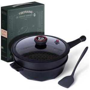 TIBORANG Panela Frigideira 5L Antiaderente 7 em 1 com 7 Camadas de Revestimento e Indicador de Calor, Preta