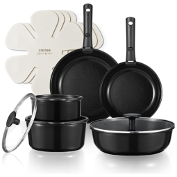 Jogo de Panelas e Frigideiras de Cerâmica CAROTE, 15 Peças, Antiaderente e Não Tóxico, Compatível com Indução - Cozinha Saudável em Preto