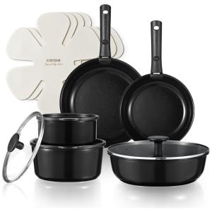 Jogo de Panelas e Frigideiras de Cerâmica CAROTE, 15 Peças, Antiaderente e Não Tóxico, Compatível com Indução - Cozinha Saudável em Preto
