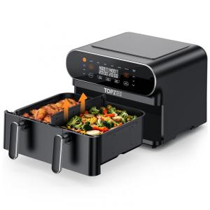 Air Fryer 8 em 1 de 10,26 Litros com Cesto Flexível e Divisória para Cozimento Duplo, 110V 1700W, topzee, Preta