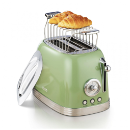 Torradeira 2 Fatias Vintage com Tampa de Aço Inoxidável, Acessório para Pão, 6 Níveis de Tostagem e Funções de Pré-aquecimento, 110V 815W