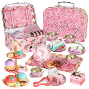 Jogo de Chá Infantil 31 Peças com Tema de Flor e Maleta de Transporte para Crianças Acima de 3 Anos, BeiyoQSZ, Rosa