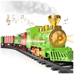 Conjunto de Trenzinho de Brinquedo com Vapor 3 Vias, Luz e Sons para Crianças de 3 a 7 anos, TEMI, Verde