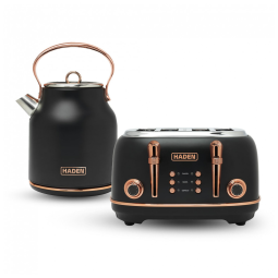 Conjunto chaleira elétrica e torradeira HADEN Heritage inox preta e cobre 4 fatias 1,7L 110V