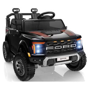 Carro Elétrico Infantil Licenciado Ford F-150 Raptor 24V Preto 2 Lugares com Controle Remoto, Bluetooth, Luzes LED, Baú e Partida Suave