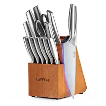 Conjunto de Facas de Cozinha EWFEN 14 Peças Prata com Afiador Integrado e Cabo Ponto Côncavo