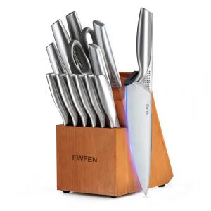 Conjunto de Facas de Cozinha EWFEN 14 Peças Prata com Afiador Integrado e Cabo Ponto Côncavo