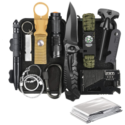 kit de Sobrevivência, Emergência para Acampamento, 14 Peças, TRSCIND, Preto