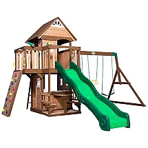 Playground Infantil de Madeira com Mesa de Pequinique, Parede de Escalada, Escorregador, 2 Balanços e Barra de Acrobacia