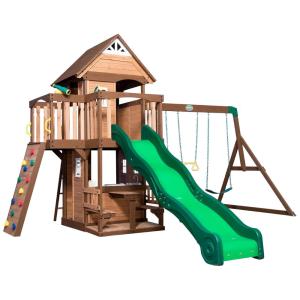 Playground Infantil de Madeira com Mesa de Pequinique, Parede de Escalada, Escorregador, 2 Balanços e Barra de Acrobacia