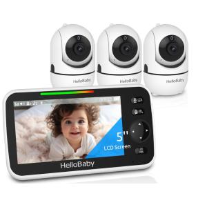 Babá Eletrônica com 3 Câmeras, Bateria de Longa Duração e Alcance de 303M, Sem WiFi, HelloBaby HB6550, Branca