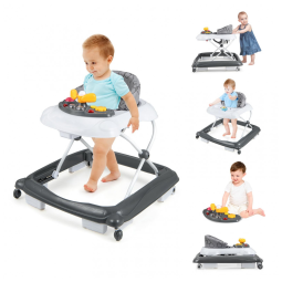 Andador Infantil BABY JOY Cinza 4 em 1 Dobrável Altura Ajustável Músicas Luzes Antitombo Rodas Atividade 7-14 Meses