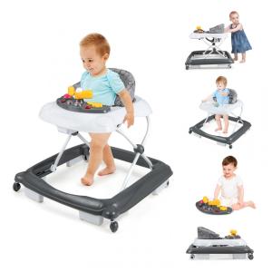 Andador Infantil BABY JOY Cinza 4 em 1 Dobrável Altura Ajustável Músicas Luzes Antitombo Rodas Atividade 7-14 Meses