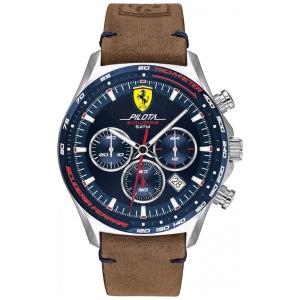 Relógio Pilota Evo de quartzo de aço inoxidável masculino com pulseira de couro, SCUDERIA FERRARI