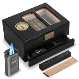 Umidor de Cedro para Charutos Usewire, 20-35 Charutos, Higrômetro, Isqueiro e Cortador de Charuto, Ideal para Presentear com Elegância