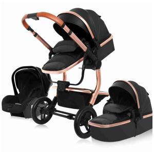Carrinho de Bebê 3 em 1 com Estrutura de Alumínio e Couro PU, Encosto Ajustável e Base de Assento Infantil, ElveBuka, Preto