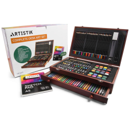 Kit de Pintura ARTISTIK com 141 Peças e Caixa de madeira Portátil, Marrom Escuro