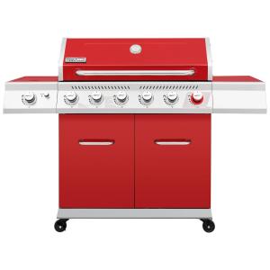 Churrasqueira a Gás 74.000 BTU com 6 Queimadores, 2 Portas e 1 Queimador Lateral em Aço Inoxidável, ROYAL GOURMET GA6402R, Vermelho