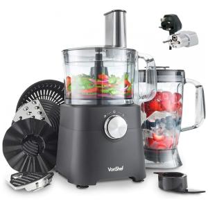 VonShef Processador de Alimentos Multifuncional 1.8L em Aço Inoxidável com Acessórios, 750W, 220v, DYNASTAR, Cinza
