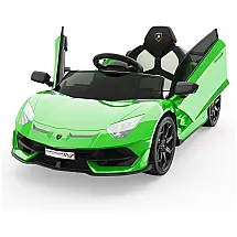 Carro Elétrico Infantil SLEKVERSA Lamborghini 12V Verde Licenciado Controle Remoto 2 Velocidades Suspensão Música LED Porta Hidráulica
