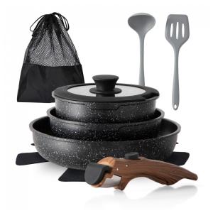 Jogo de Panelas e Frigideiras Antiaderentes, Material em Granito com 10 Peças, Cabo Removível e Utensílios de Cozinha, DishDelight, Preta