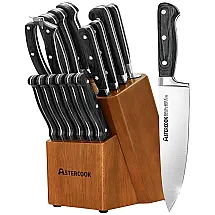 Astercook K15111C Conjunto de Facas em Aço Inoxidável com Afiador Embutido e Bloco de Bancada 15 Peças, Preto