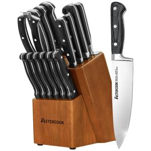 Astercook K15111C Conjunto de Facas em Aço Inoxidável com Afiador Embutido e Bloco de Bancada 15 Peças, Preto