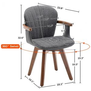 Cadeira giratória LUNLING cinza em tecido e couro sintético com braços e pés em bambu para sala de jantar e escritório