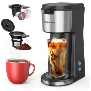 Cafeteira para Quente ou Gelado com Mixer, Lembrete de Descalcificação e Autolimpeza, 110V, Famiworths, Preto Fosco