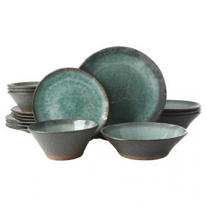 Aparelho de Jantar com 16 Peças em Cerâmica Serve 4 Pessoas, Gibson Elite Green, Cinza Claro