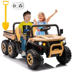 Caminhão Basculante Elétrico Infantil 6x6, 2 Lugares com Controle Remoto, Bluetooth e Cama Basculante, 24V, POSTACK, Marrom
