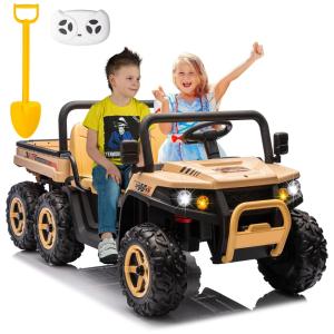 Caminhão Basculante Elétrico Infantil 6x6, 2 Lugares com Controle Remoto, Bluetooth e Cama Basculante, 24V, POSTACK, Marrom